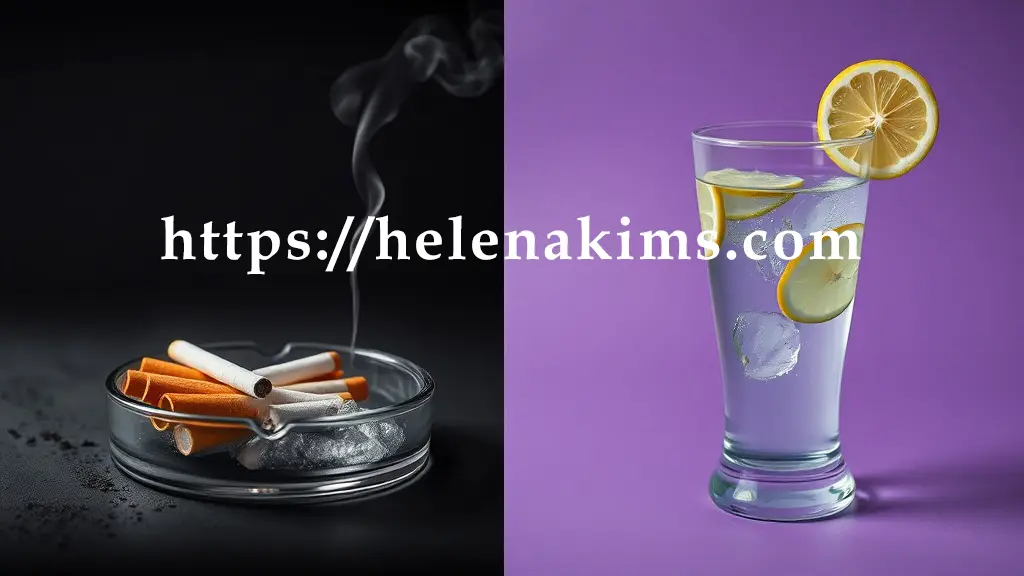 왼쪽은 어둡고 차분한 배경 위, 재떨이의 담배 몇 개피와 빈 술잔이 놓여 유해성을 암시한다. 오른쪽은 밝고 생기 넘치는 배경 위, 투명한 유리잔에 담긴 맑은 물과 신선한 레몬 슬라이스가 놓여 건강한 라이프스타일을 상징한다.