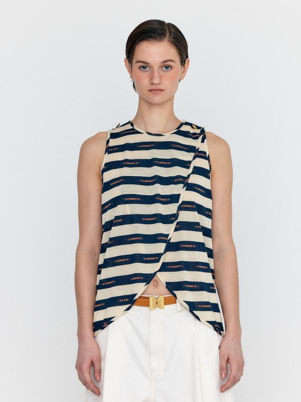 WAVIE Sleeveless Open Jersy Top - Navy/Beige Stripe