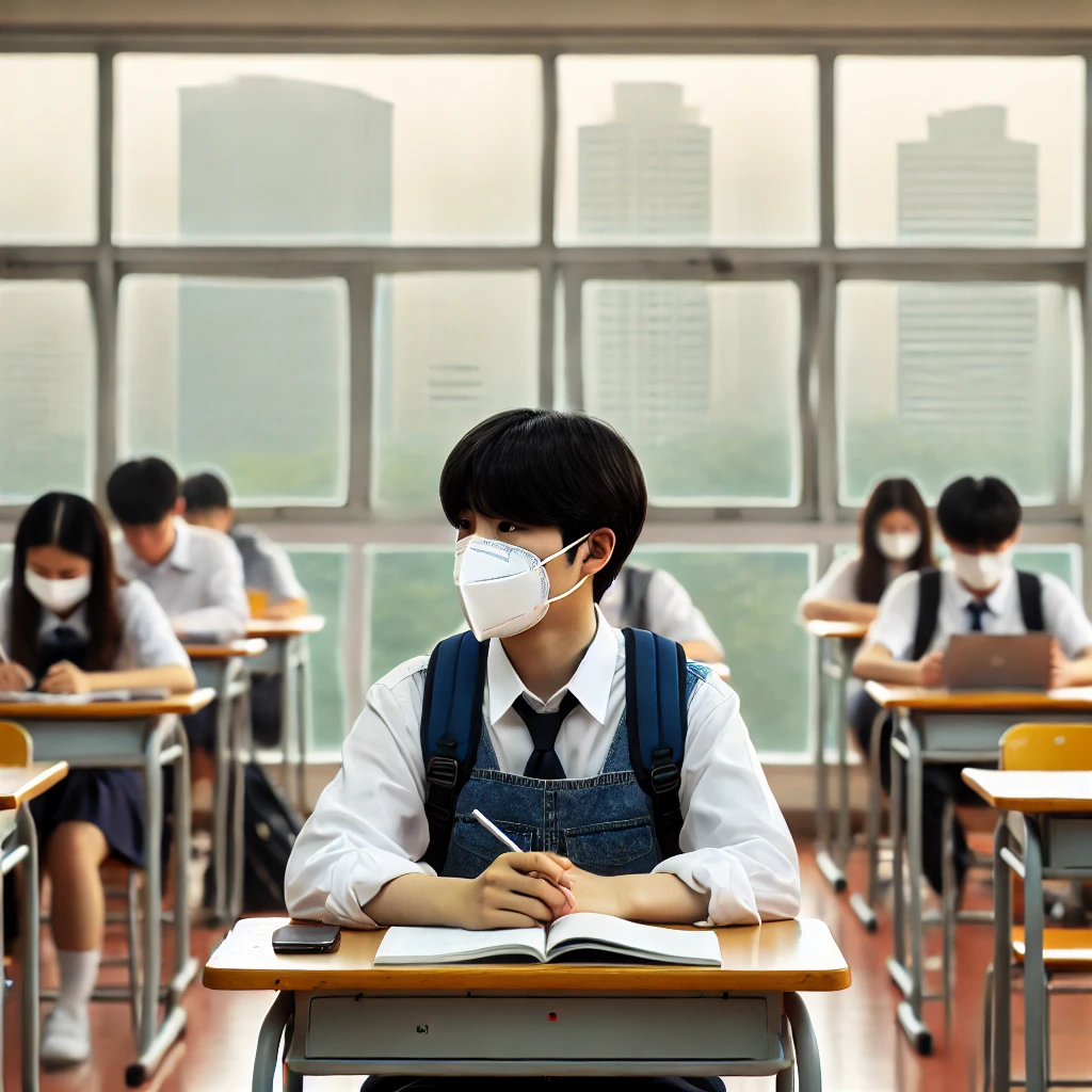 미세먼지 경보로 인해 교실에서 마스크를 착용한 한국 학생, 창밖은 뿌연 공기