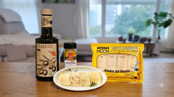 올리브오일, 강황가루, 치즈 사진으로 생성한 이미지