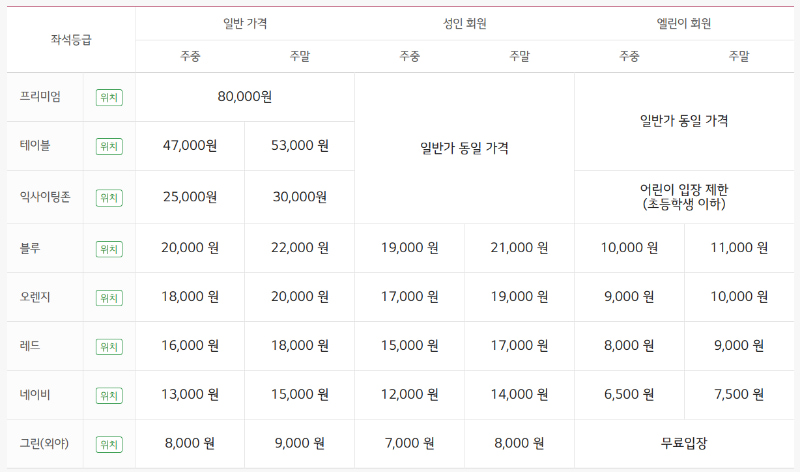 좌석별 가격안내