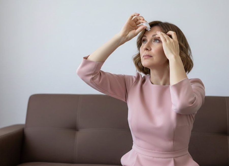 안구건조증 증상으로 인공눈물을 넣고 있는 여성