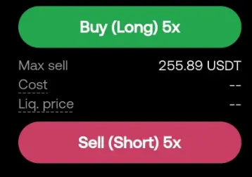OKX 선물 주문 화면의 Buy(Long) 5x 롱 버튼과 Sell(Short) 5x 숏 버튼