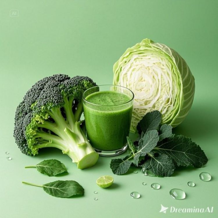 깨끗한 민트색 배경에 신선한 브로콜리, 양배추, 케일 등 십자화과 채소들이 아름답게 배치되어 있고, 중앙에는 투명한 유리컵에 담긴 초록색 스무디가 있는 모습. 주변에는 해독을 상징하는 물방울과 깨끗한 세포 구조 일러스트가 포함된 건강하고 자연친화적인 라이프스타일을 표현하는 이미지