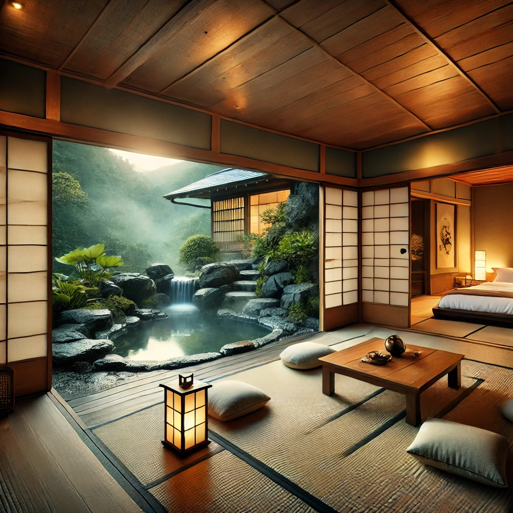 일본 전통 료칸 객실과 노천탕 이미지