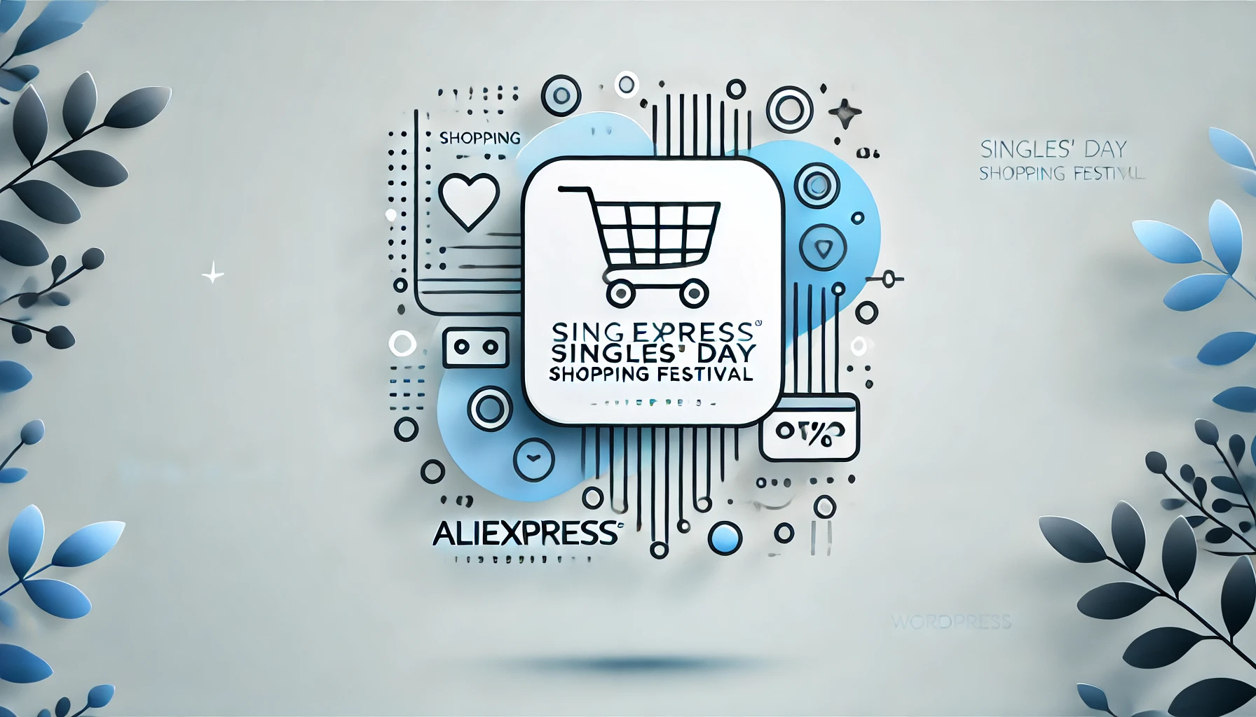 가운데 흰색 사각형 안에 쇼핑카트가 있으며 그 아래 싱글즈 데이, 쇼핑 페스티벌 등 영어로 적혀있습니다. 주위에는 알리 익스프레스를 나타내는 문구와 신용카드, 쇼핑 등 다양한 아이콘들이 둘러싸고 있으며 이는 넓은 직사각형 회색 배경 가운데에 밀집되어 있습니다. 배경 가쪽에는 파란색, 진회색 나뭇가지에 붙어있는 나뭇잎들이 보입니다.