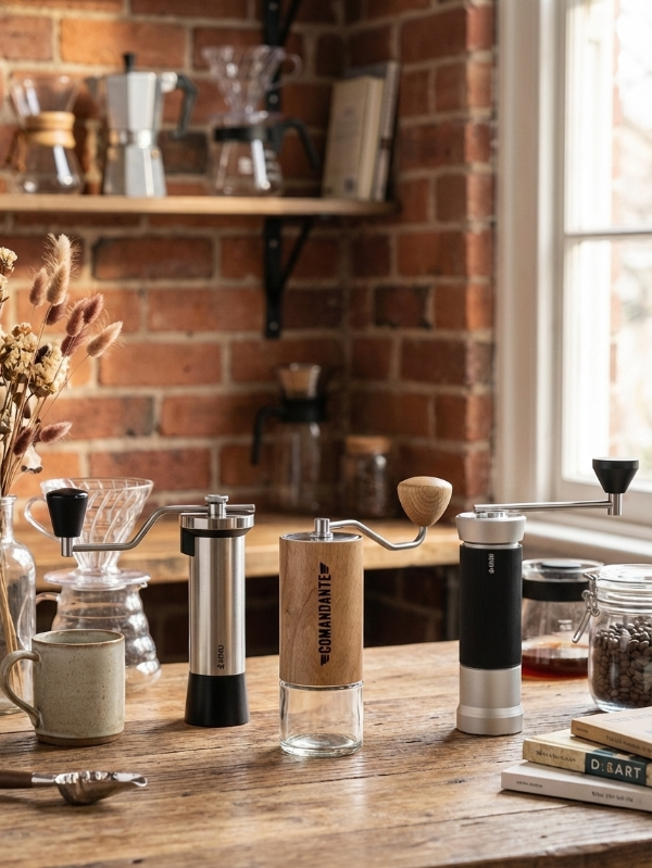 테이블 위에 3 대의 수동 그라인더가 놓여져 있다.