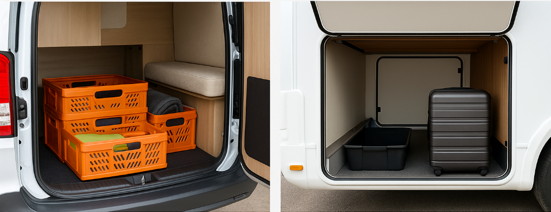 수납 공간 비교 사진 – 소형은 접이식 박스, 중형은 넉넉한 적재함