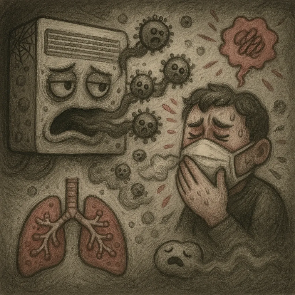 곰팡이 포자를 내뿜는 에어컨과 기침하는 캐릭터의 모습