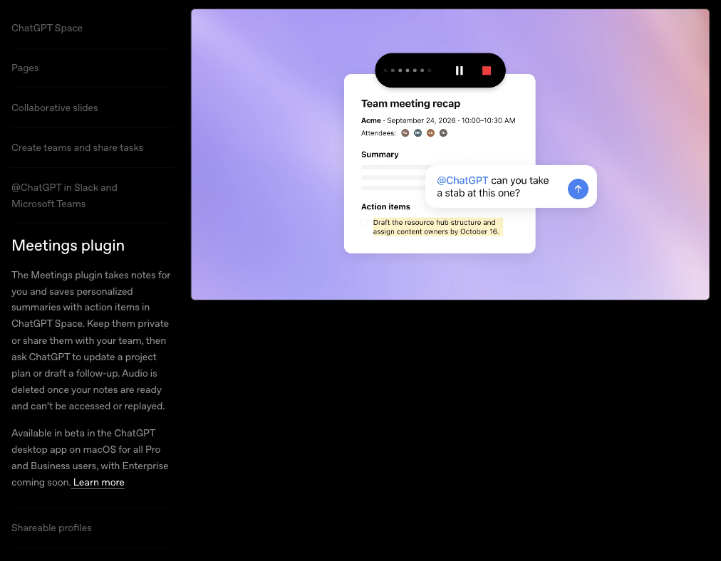 오픈AI DevDay 리캡의 Meetings plugin 항목, macOS 데스크톱 앱 베타와 Pro&middot;Business 대상