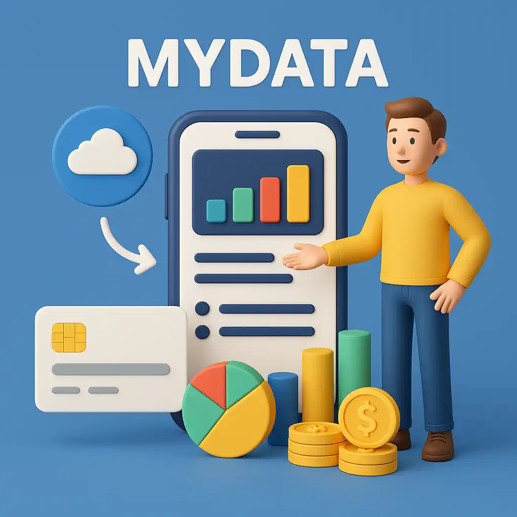 3D 스타일로 구현된 마이데이터 활용 개념 이미지