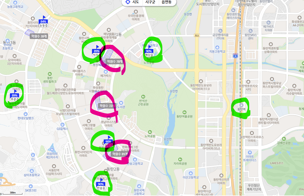 동탄1 학군, 학원가