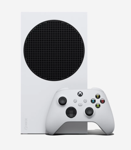 XBOX series S와 조이스틱을 나란히 세워둔 사진