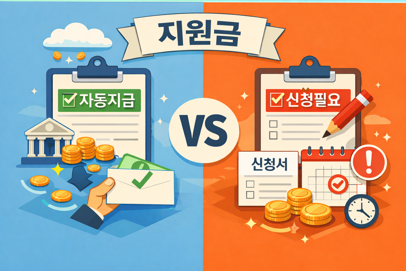 정부 지원금 자동지급과 신청필요 방식의 차이를 비교한 인포그래픽 이미지
