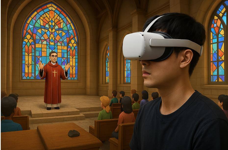 메타버스 속에서 AI 성직자가 설교하는 모습