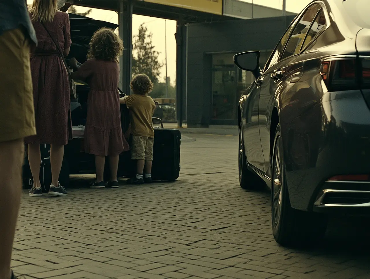 Family loads luggage into a luxury liftback near a service center while evaluating 2026 첫 외제차 추천 브랜드.