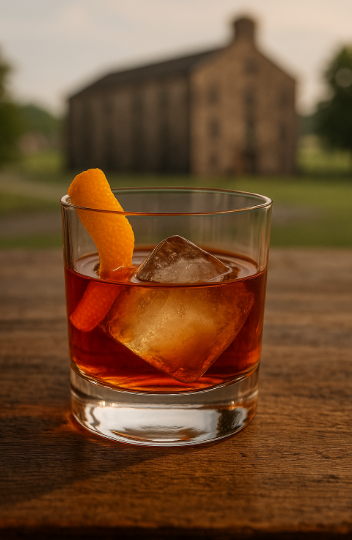 러셀 리저브 싱글 배럴로 만든 올드 패션드 칵테일이 담긴 로우볼 글라스와 큰 얼음, 오렌지 필 가니시가 있는 모습