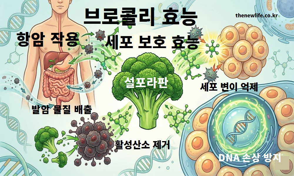 브로콜리 효능의 항암 작용과 세포 보호 과정을 설명하는 이미지
