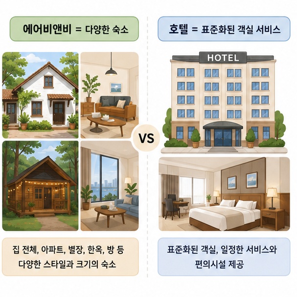 다양한 주택형 숙소를 이용하는 에어비앤비와 표준화된 객실 서비스를 제공하는 호텔의 차이를 비교한 이미지