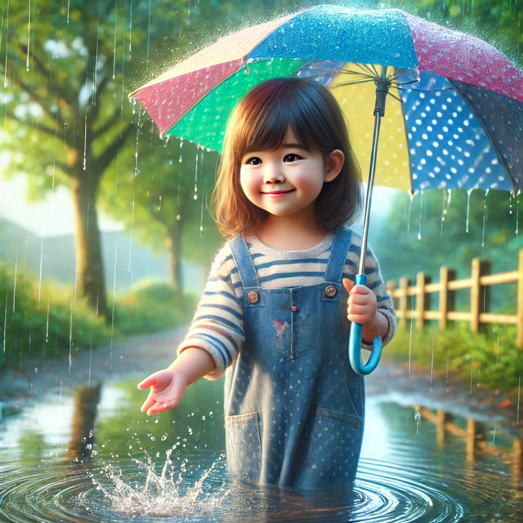6살 정도 된 한국 아이가 비 오는 날 알록달록한 우산을 들고 물웅덩이를 첨벙거리며 부드럽게 미소 짓고 있는 모습&amp;#44; 고요하고 평화로운 야외 환경