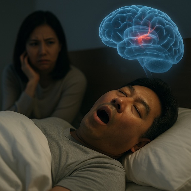 수면 중 코골이와 무호흡으로 뇌혈관에 위협을 받고 있는 중년 남성과 걱정하는 가족의 모습(출처: 자체제작)