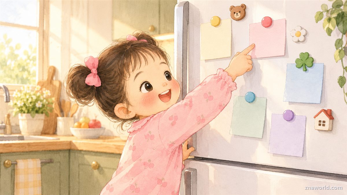 냉장고에 붙인 추석 준비 체크리스트를 확인하는 아이