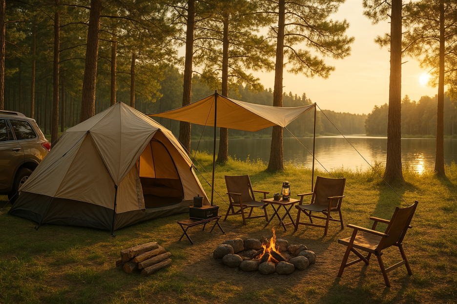 강가에서 한적하게 모닥불을 피우고 캠핑하는 모습