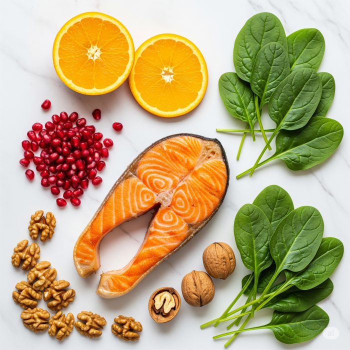 혈액순환에 도움이 되는 과일과 야채, 생성을 배열해 놓은 모습의 이미지