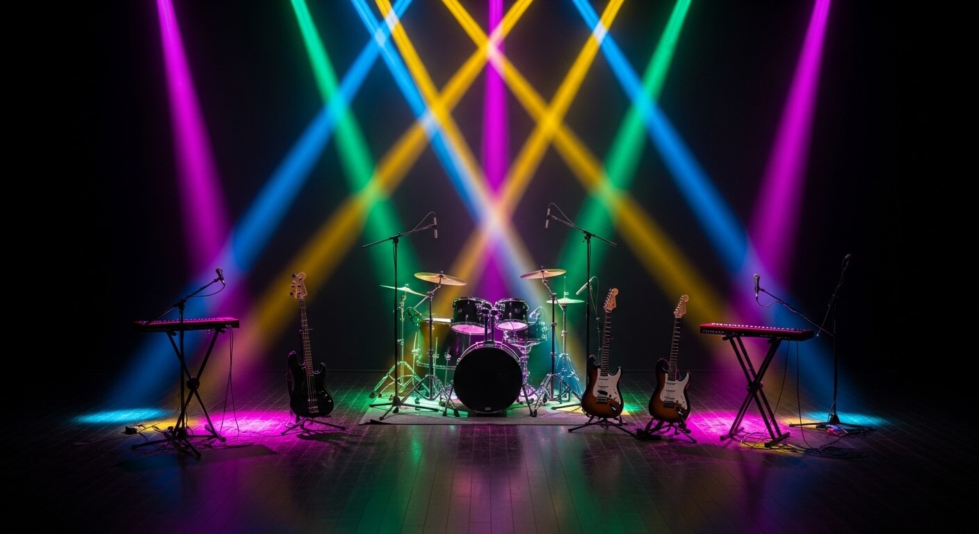 무대 위에 드럼과 기타, 키보드가 놓여 있고 화려한 조명으로 비추어진 콘서트 준비 장면