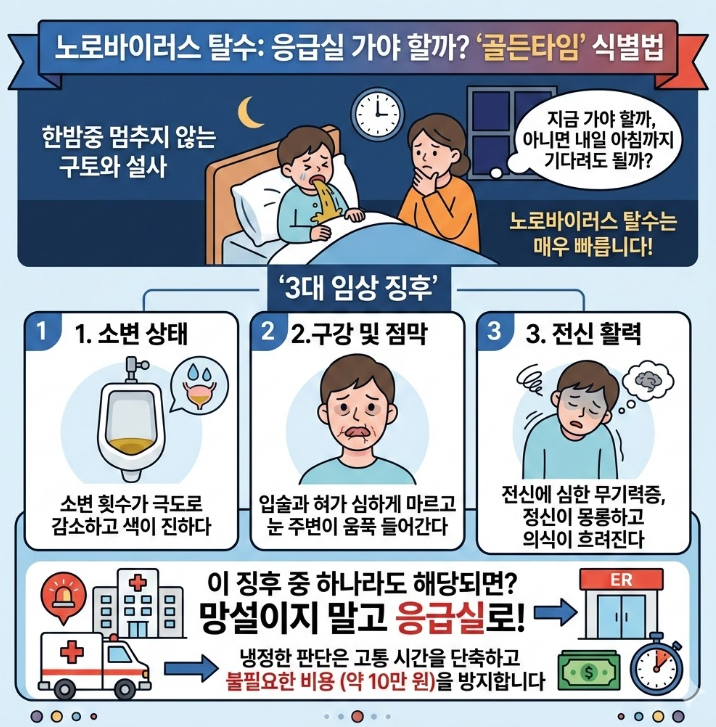 노로바이러스 탈수 상황에서 응급실 방문 여부를 판단하는 골든타임 기준 인포그래픽