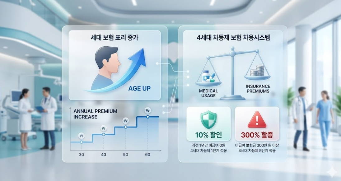 깔끔하고 전문적인 3D 의료보험 인포그래픽. 왼쪽에는 'AGE UP' 화살표가 있는 사람 실루엣이 연령 증가에 따른 점진적인 가격 상승을 보여줍니다. 오른쪽에는 'MEDICAL USAGE'(의료 이용량)와 'INSURANCE PREMIUMS'(보험료)을 비교하는 천칭저울이 있습니다. 저울 아래에는 '10% 할인'을 나타내는 초록색 방패 아이콘과 '300% 할증'을 나타내는 빨간색 경고 부호 아이콘이 있습니다. 현대적인 금융 미학을 담은 파란색과 흰색 톤의 8k 해상도 이미지입니다.