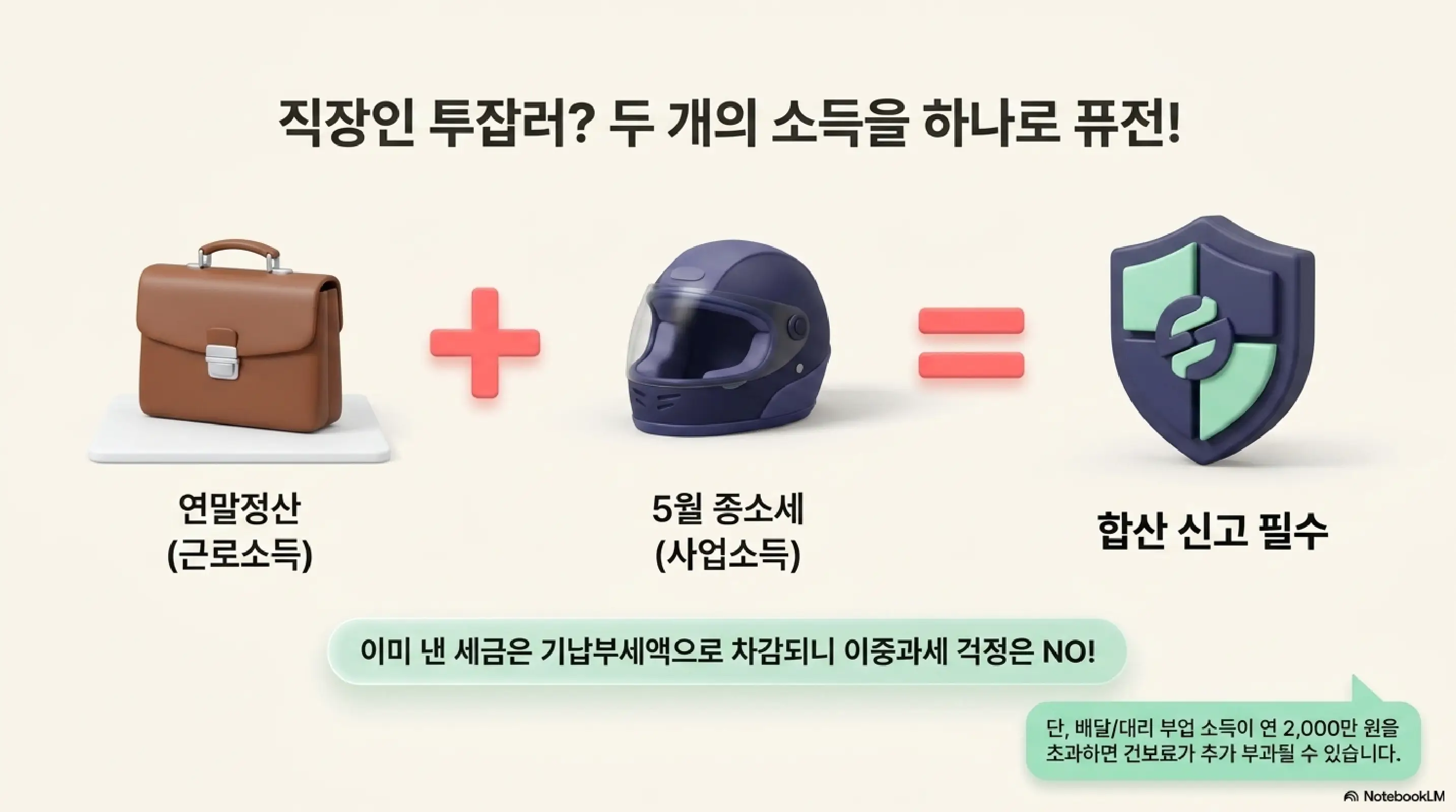 배달라이더 종합소득세 신고: 직장인 투잡러가 연말정산 근로소득과 5월 종소세 사업소득을 합산 신고해야 함을 서류가방과 헬멧 아이콘으로 보여주는 인포그래픽. 이미 낸 세금은 기납부세액으로 차감되어 이중과세 걱정은 없지만 배달·대리 부업 소득이 연 2000만 원을 초과하면 건강보험료가 추가 부과될 수 있다는 안내가 포함된 이미지