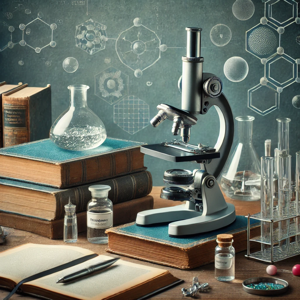 책상 위에 놓인 의학서적과 현미경, 곁에 있는 정갈한 실험용 도구들, 학구적 분위기의 정물 사진