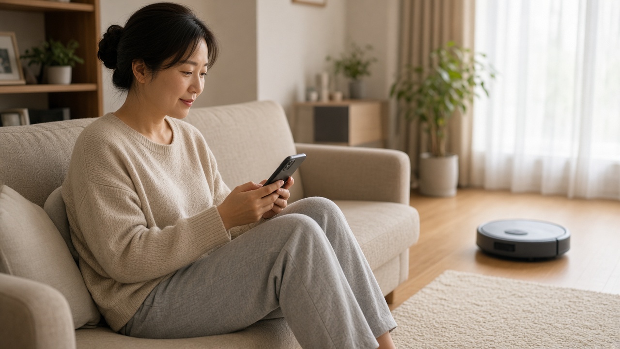 소파에 앉아 스마트폰으로 로봇청소기 사전예약 화면을 확인하는 한국인 30대 여성과 바닥의 로봇청소기