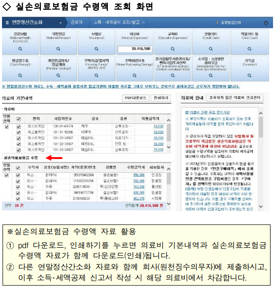 연말정산간소화서비스에서 실손의료보험금 수령액 조회화면