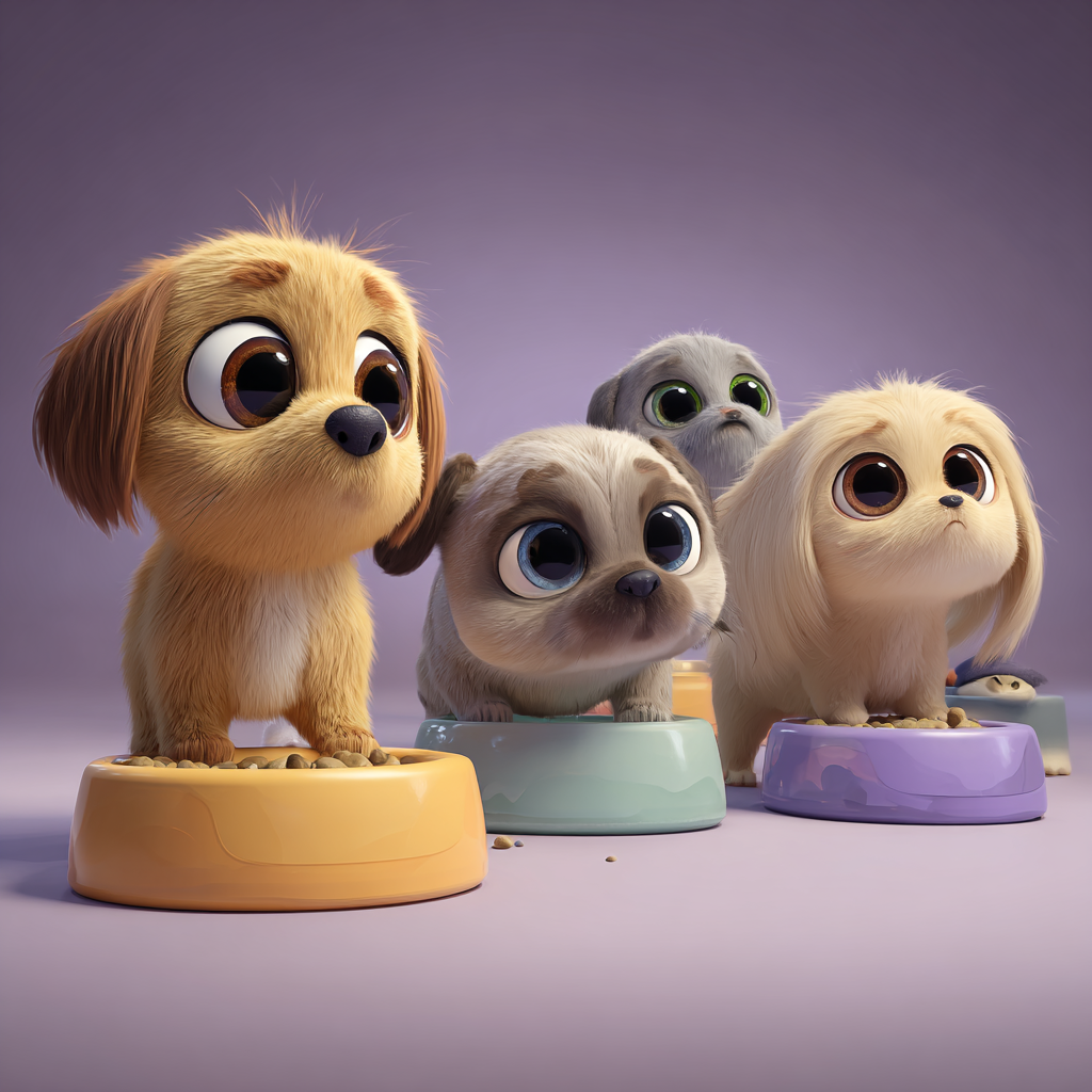 슬로우피더를 앞에 둔 귀여운 강아지들, 픽사스타일 일러스트