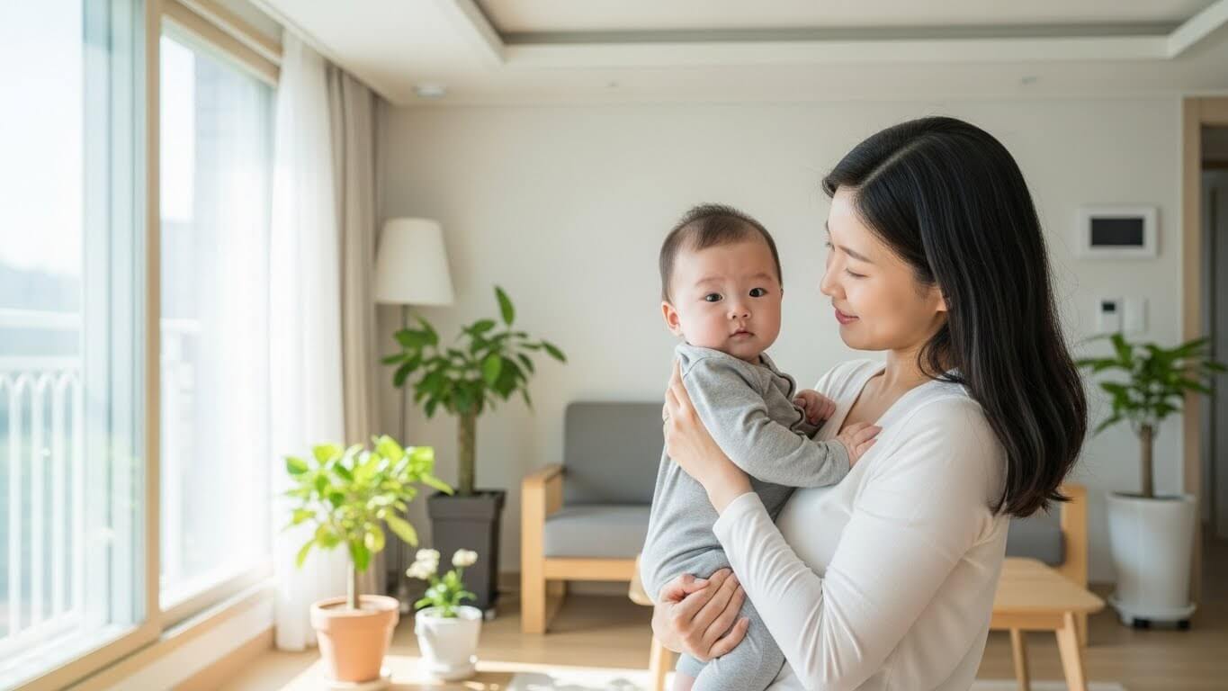 가정에서 아기를 돌보는 부모의 일상과 부모급여 지원 제도 이미지