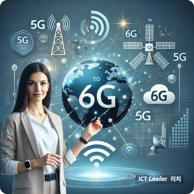 5G에서 6G로 진화하는 통신 기술의 상징적 이미지와 여성 전문가