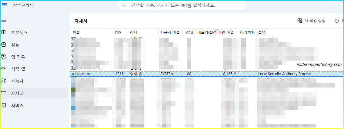 작업관리자에 표시된 lsass.exe 프로세ㅡ