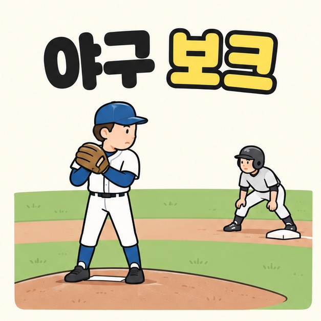 야구 보크 제목 아래 마운드에서 글러브를 든 투수와 베이스 옆에서 준비 자세를 취한 주자가 보이는 모습