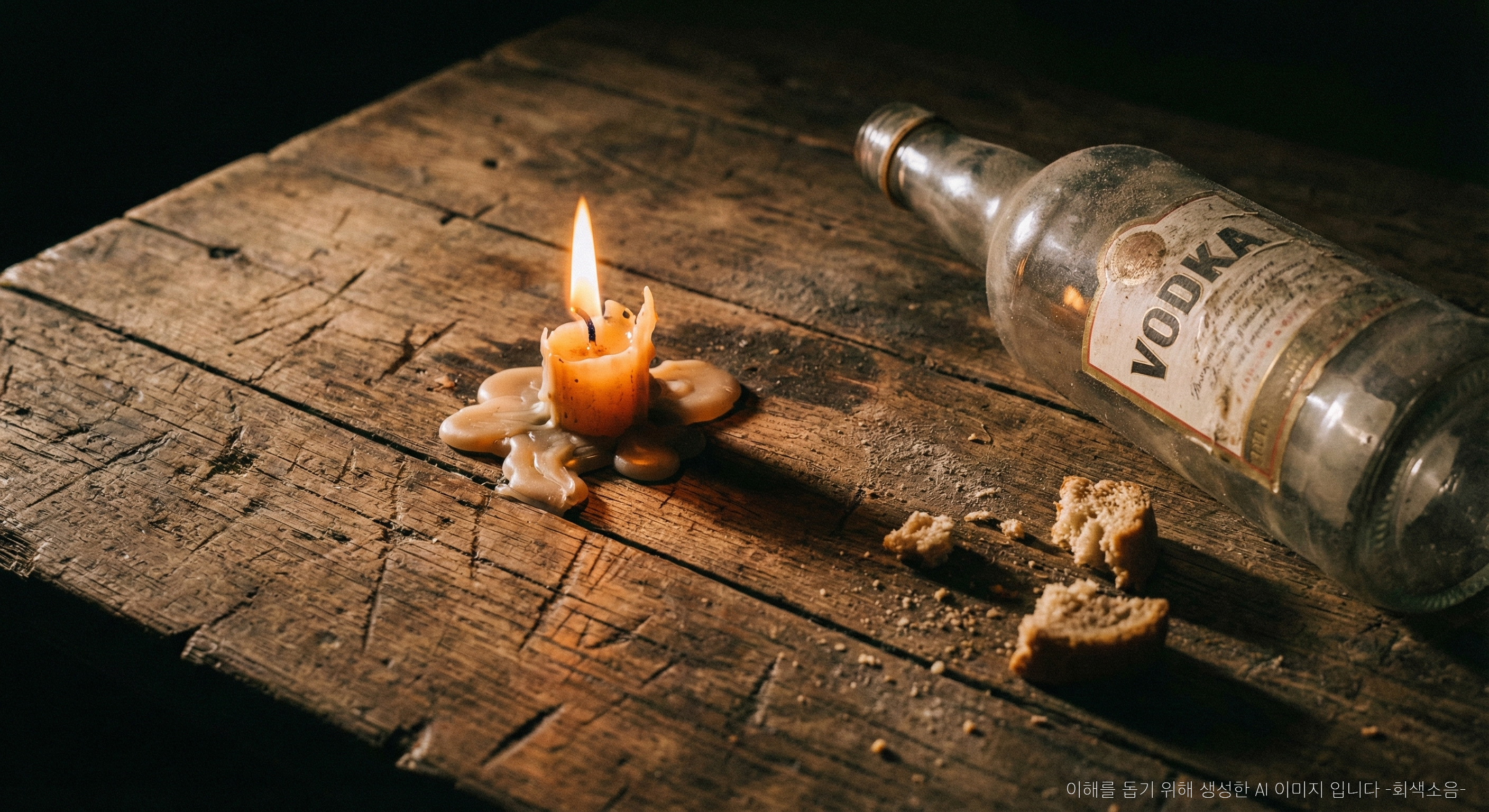 어둠 속 거친 나무 테이블 위에 꺼져가는 촛불과 빈 보드카 병, 빵 부스러기가 놓인 빈티지 무드의 클로즈업 사진.