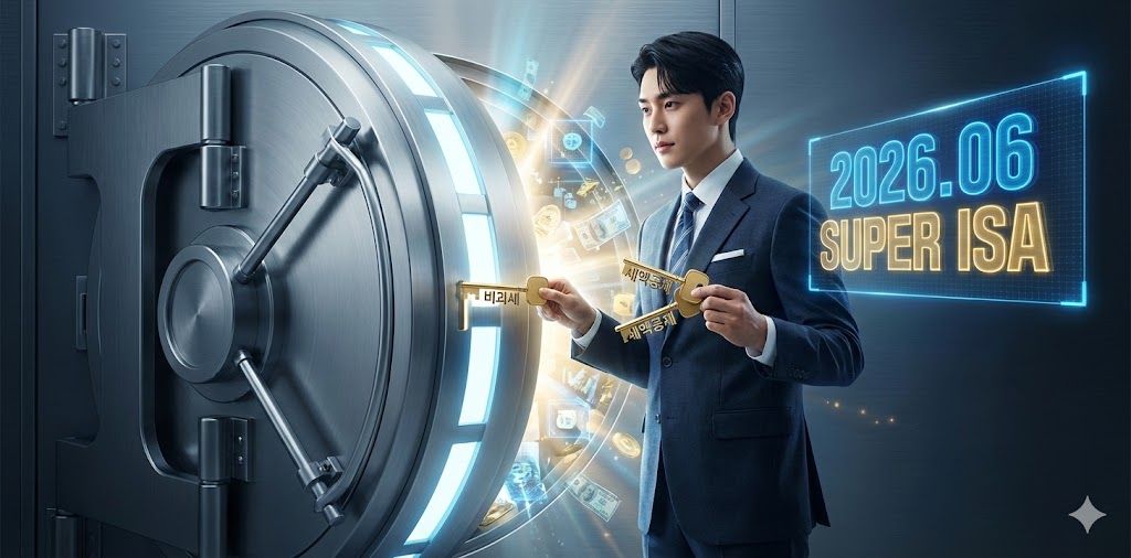 세련된 정장을 입은 청년이 '비과세'와 '소득공제'라는 두 개의 황금 열쇠를 들고 거대한 금고 문을 여는 모습. 배경에는 '2026.06 슈퍼 ISA 출시'라는 문구가 강렬하게 빛나는 디자인