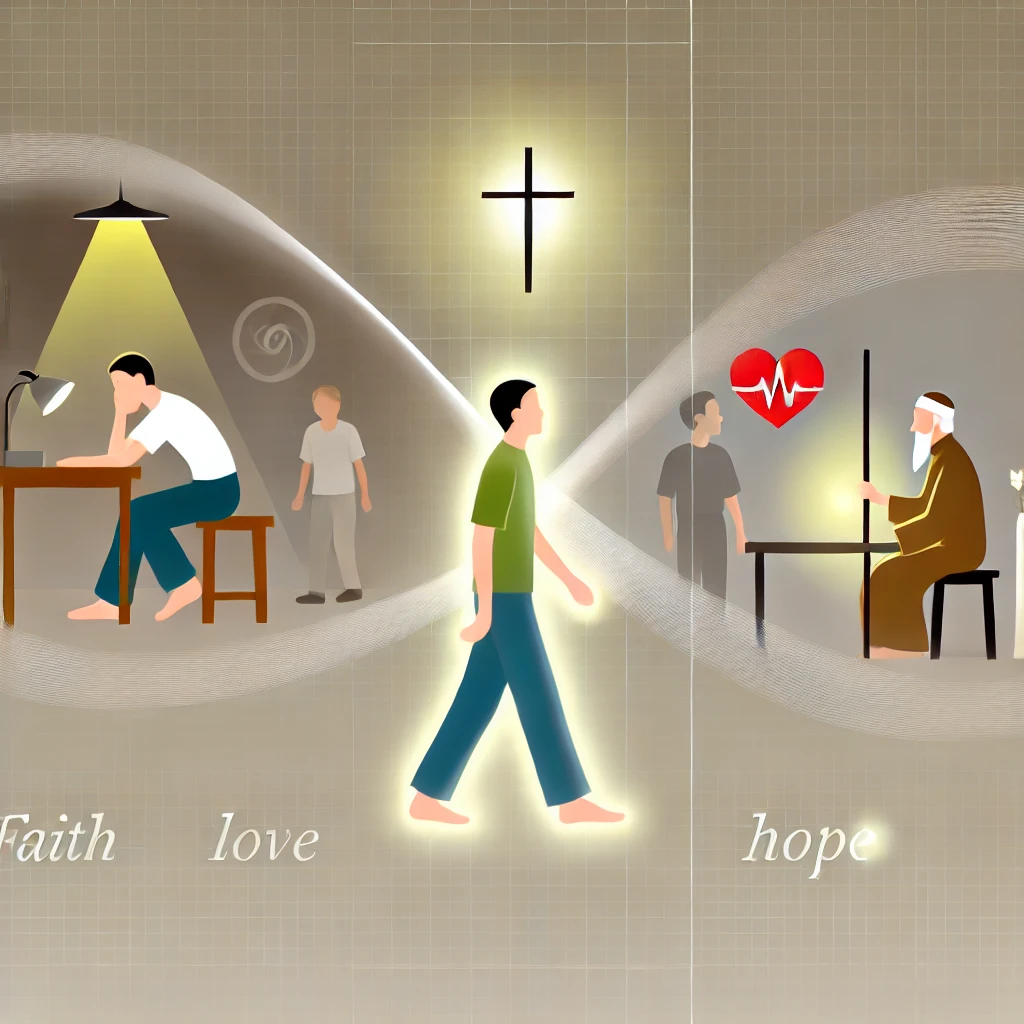 Here is the image showing a person living their daily life with a focus on faith&amp;#44; love&amp;#44; and hope. This visual captures the serene and thoughtful effort to live continuously with these values&amp;#44; symbolized through subtle elements and a gentle&amp;#44; glowing atmosphere that reflects inner peace and dedication.