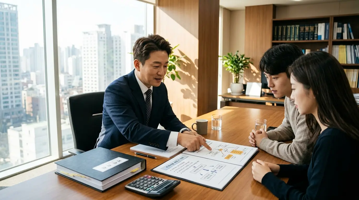 이혼 전문 로펌 회의실에서 변호사와 의뢰인이 재산 분할 서류와 대출 상환 서류를 검토하며 상담하는 모습