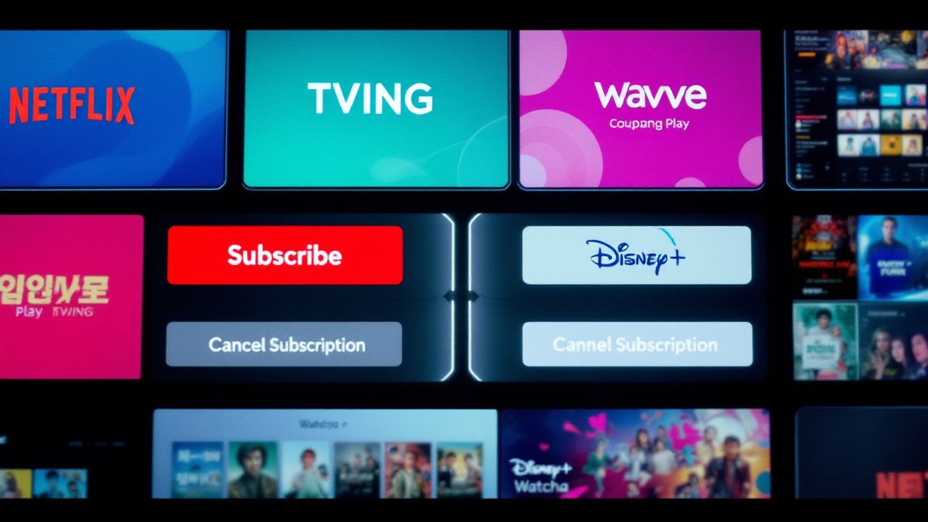 Flat lay image showing OTT service logos including Netflix, TVING, Wavve, Coupang Play, Disney+, and Watcha with subscribe and cancel buttons, representing the 2025 streaming subscription dilemma in South Korea.