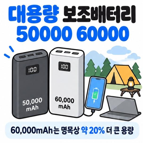 대용량 보조배터리 50000 60000 문구와 두 크기의 보조배터리 스마트폰 노트북 캠핑 아이콘을 보여주는 대표 카드뉴스 이미지