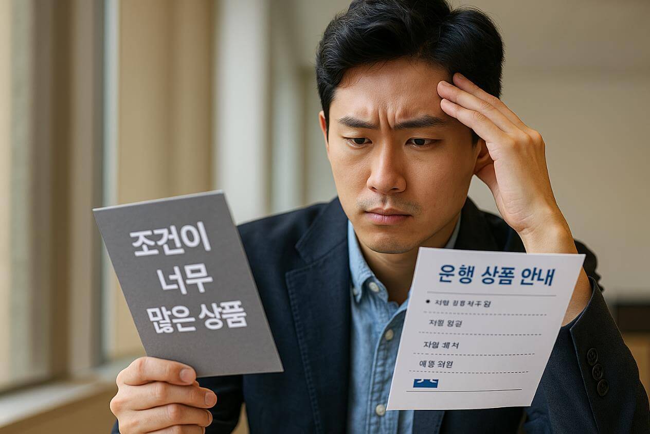 은행 상품 안내문을 보고 고민하는 남성의 모습.