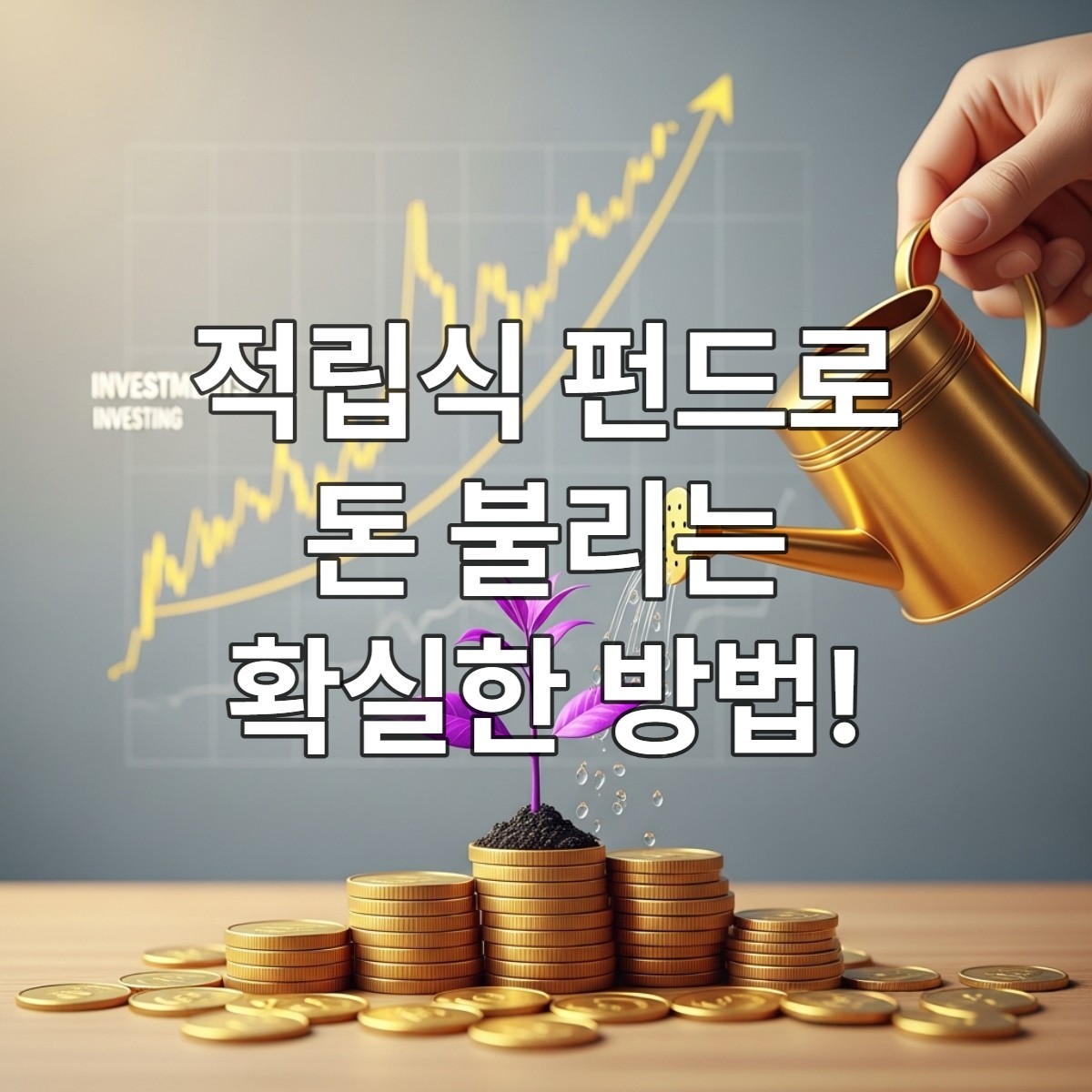 금화 위에 보라색 새싹이 꾸준히 자라나고, 손이 주기적으로 물을 주는 모습