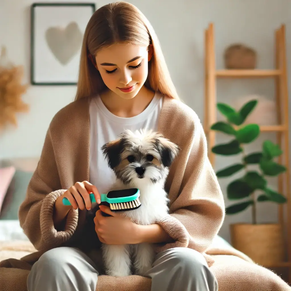 집 안에서 부드러운 브러시로 반려견의 피부 관리를 하고 있는 젊은 여성의 초고해상도 사진