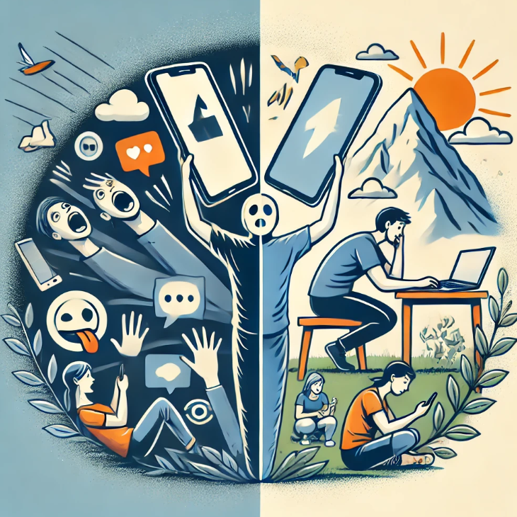 디지털 중독과 디지털 미니멀리즘을 대비한 일러스트 이미지, 스마트폰에 지배당하는 삶과 자연 속 아날로그 활동을 대조적으로 표현